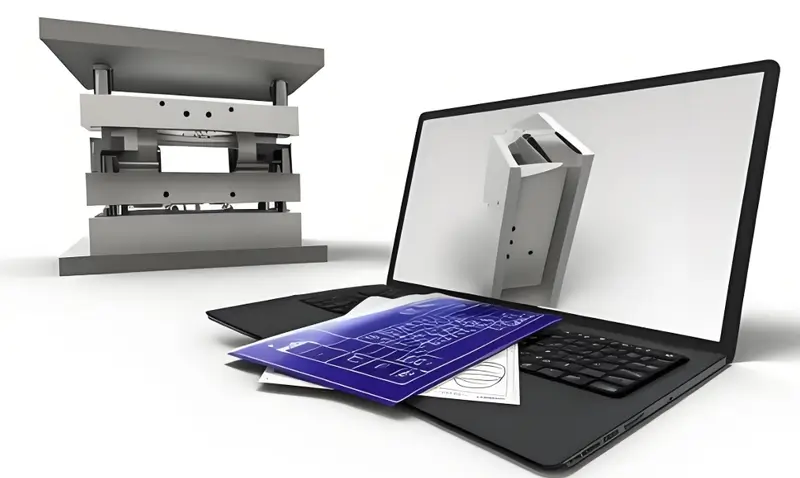 Laptop showing injection mold model next to blueprint