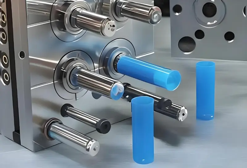 Close-up of injection mold and injection molded product