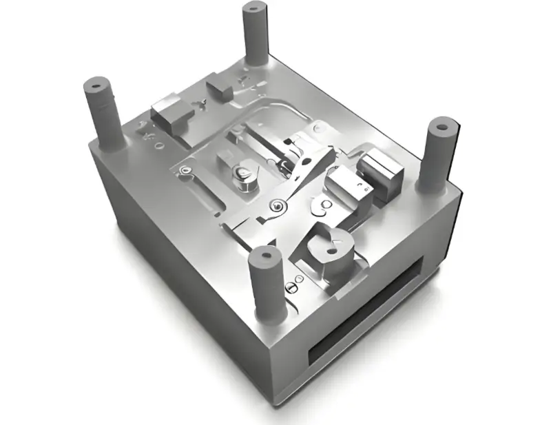 Close-up view of a detailed industrial metal injection mold.