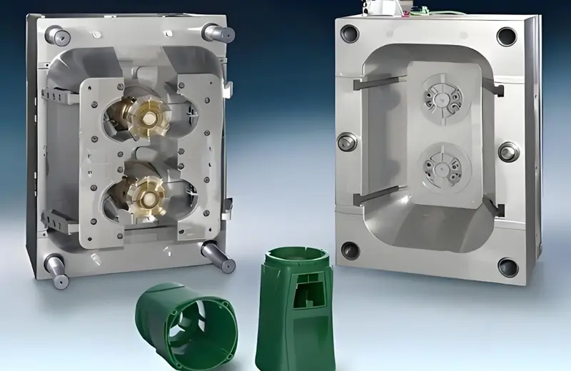 Shows a metal injection mold and green plastic parts
