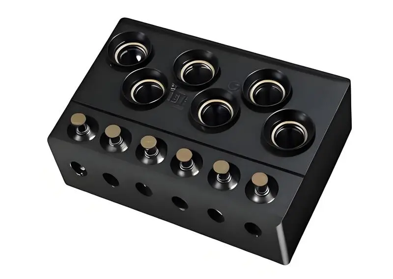 Black insert molded part with holes and connectors