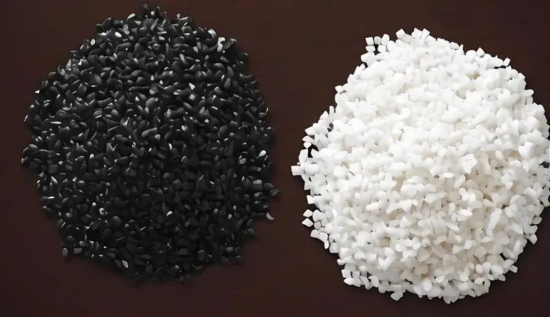 Black and white injection molding material polyethylene (PE) pellets side by side