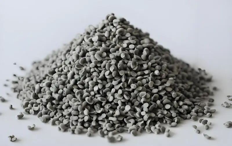 A pile of injection molding material polystyrene (PS) pellets on a white background