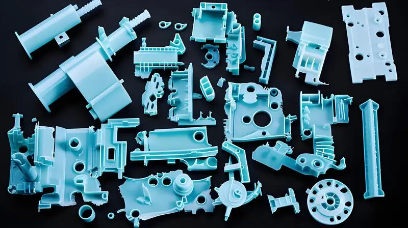 Various light blue plastic injection molded parts arranged on a black surface