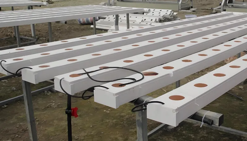 A hydroponic system with multiple white channels and circular openings for plant growth