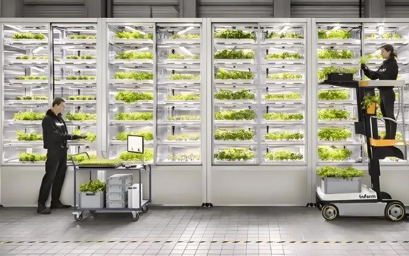 Two people tending to plants in an indoor vertical farming setup with multiple shelves of greenery and specialized equipment
