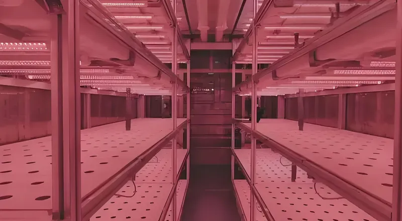 An indoor hydroponic farm with multiple shelves under pink LED lighting