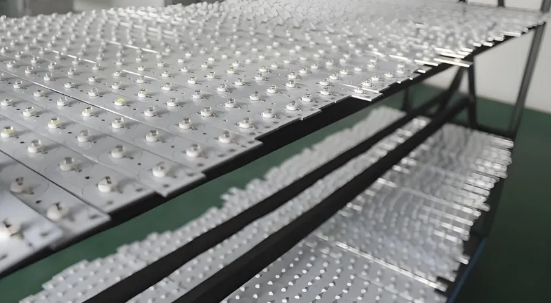 Rows of LED modules on shelves in a factory setting