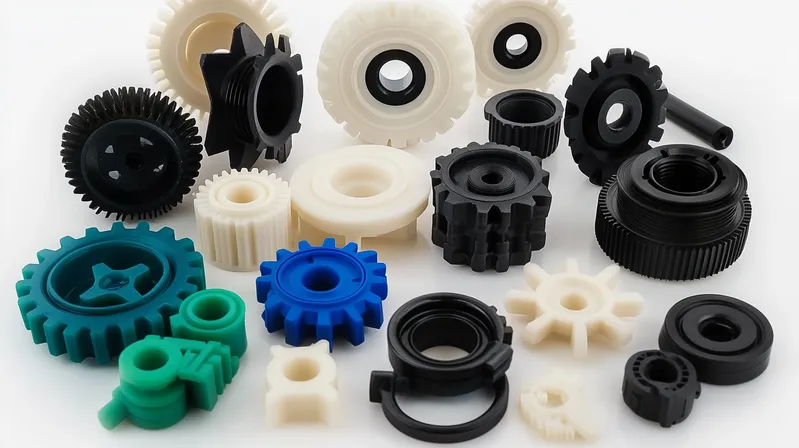 A collection of various colored 3D printed gears and cogs arranged on a surface
