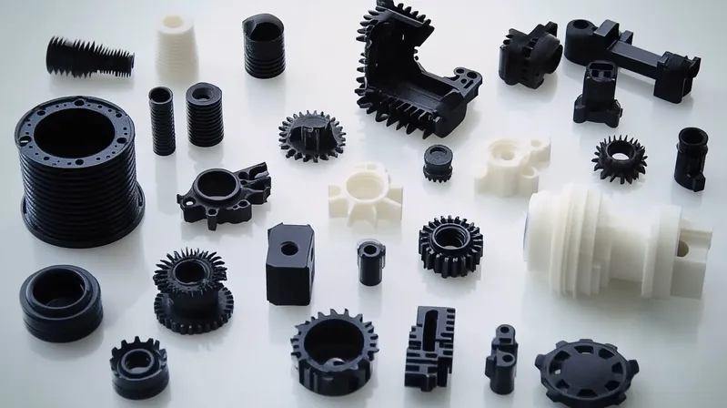 A collection of various black and white 3D printed mechanical parts arranged on a flat surface