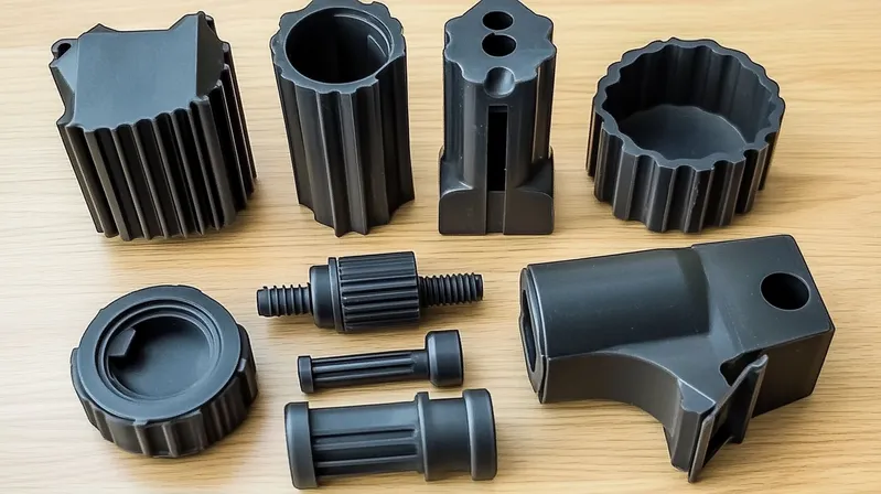 A collection of black 3D printed tool holders of various shapes and sizes displayed on a wooden surface
