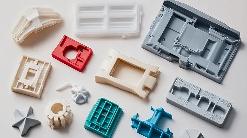 Assortment of various colored 3D printed plastic parts arranged on a surface
