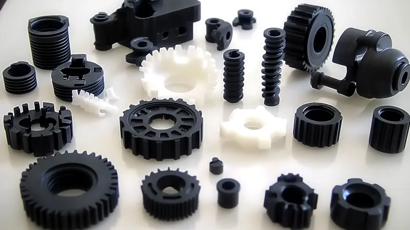 A collection of black and white plastic gears and mechanical parts displayed on a surface