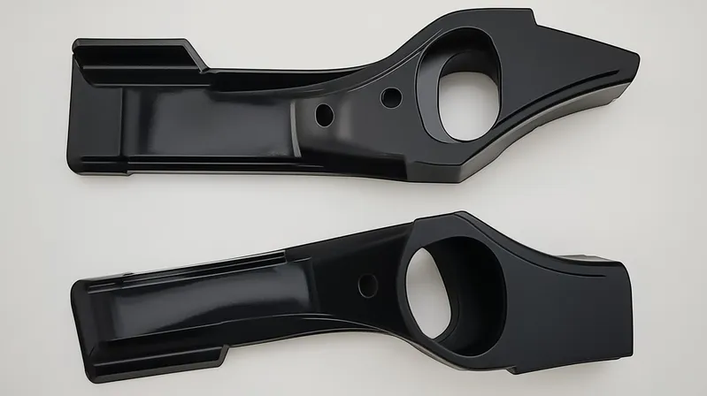 Two black armrest support structures with circular cutouts and curved designs