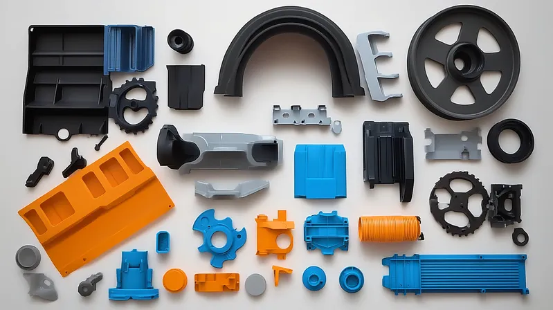 An assortment of plastic parts in various shapes and colors laid out on a surface