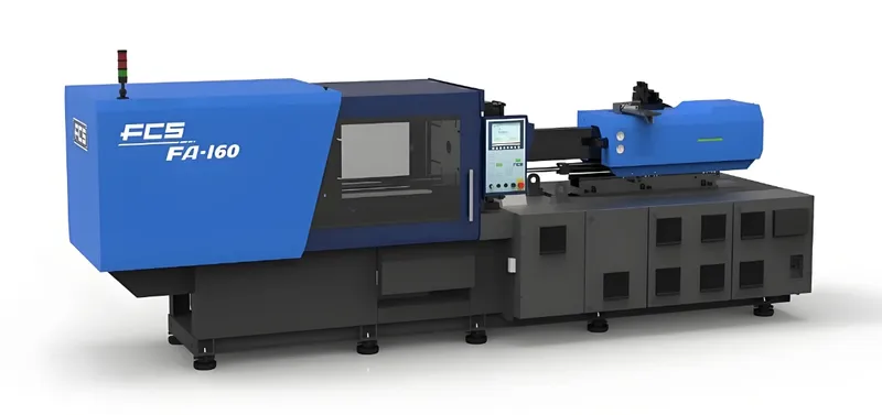 Blue and black FCS FA-160 injection molding machine showing control panel and structure