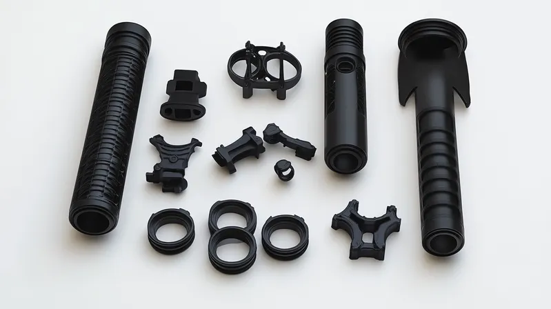 Disassembled parts of a modular flashlight, including various cylindrical and ring components arranged on a white background