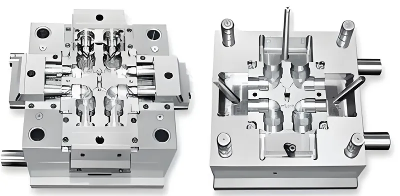 Two parts of an injection mold showing the cavities and pins