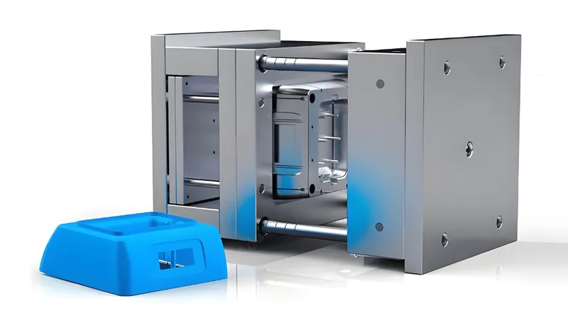 An open injection mold with a blue plastic part next to it