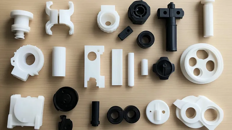 Assorted black and white plastic components arranged on a wooden surface