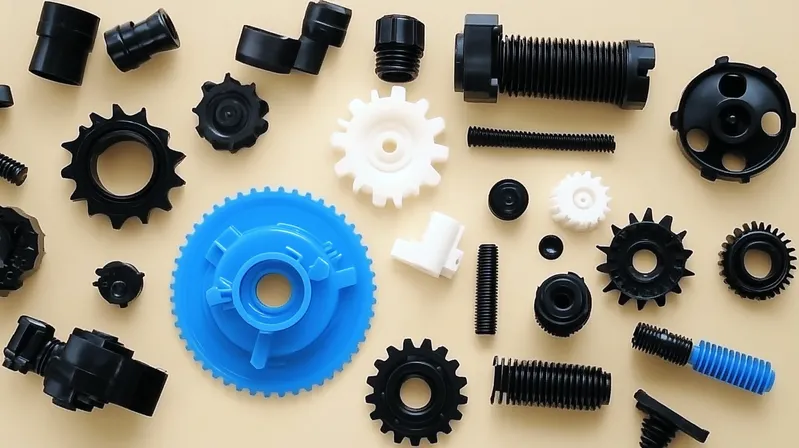 An assortment of black, white, and blue plastic gears and components arranged on a light background