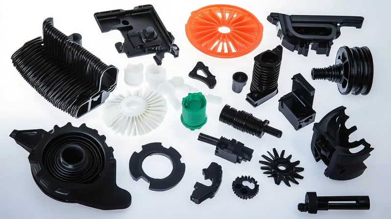 A collection of various plastic injection molding parts in different shapes and colors