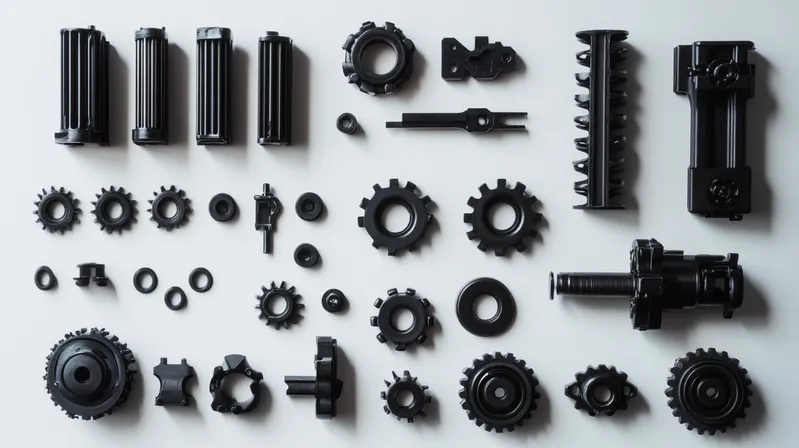 Assorted black mechanical parts for robot assembly laid out on a white surface