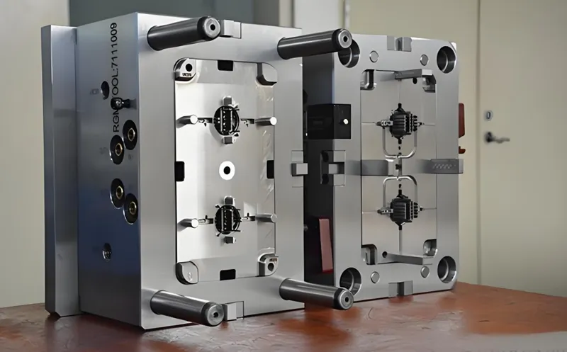 A metal mold tool with cavities and cores used for manufacturing plastic parts
