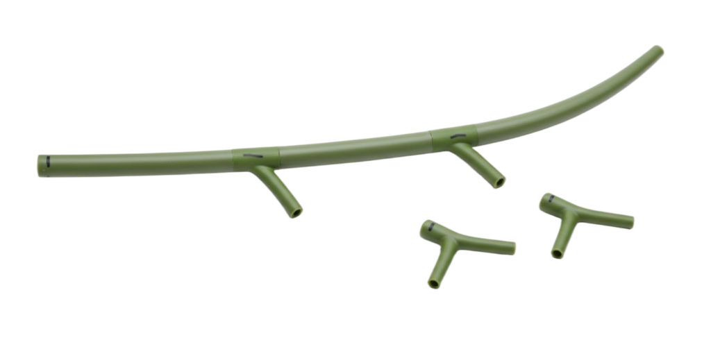 Curved green modular plastic plant stem with integrated branching points