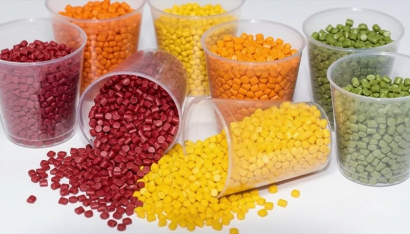 Colorful plastic pellets in transparent containers