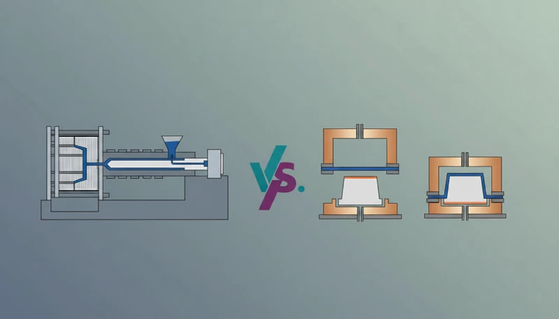 Comparison diagram of injection molding and compression molding processes showing key differences