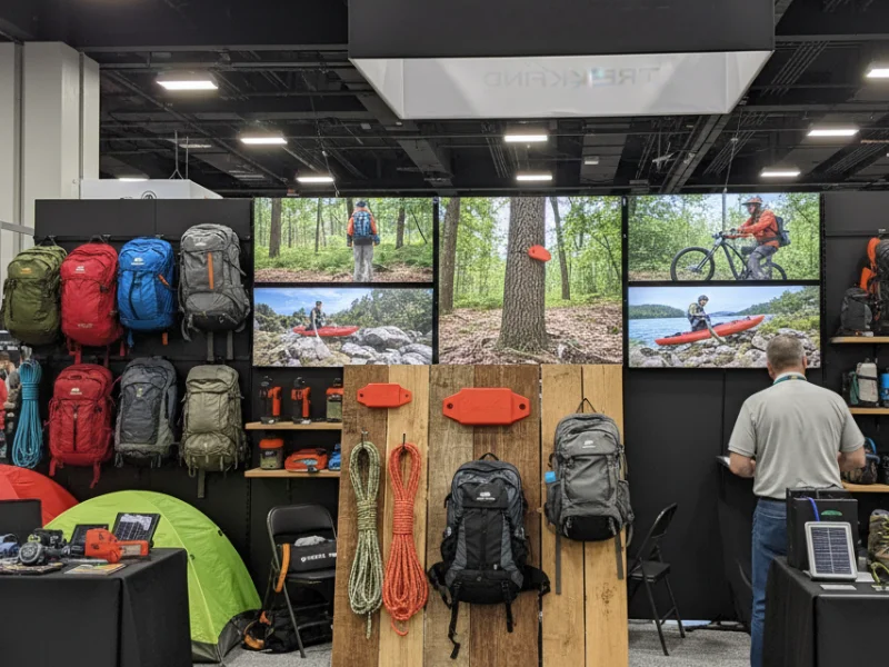 Trade show booth displaying outdoor gear such as backpacks, ropes, and screens showcasing hikers and bikers in nature.