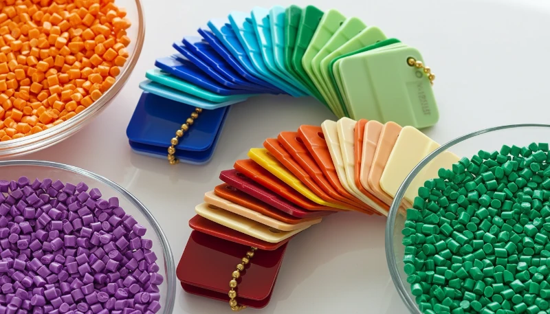 Plastic pellets and color samples for injection molding