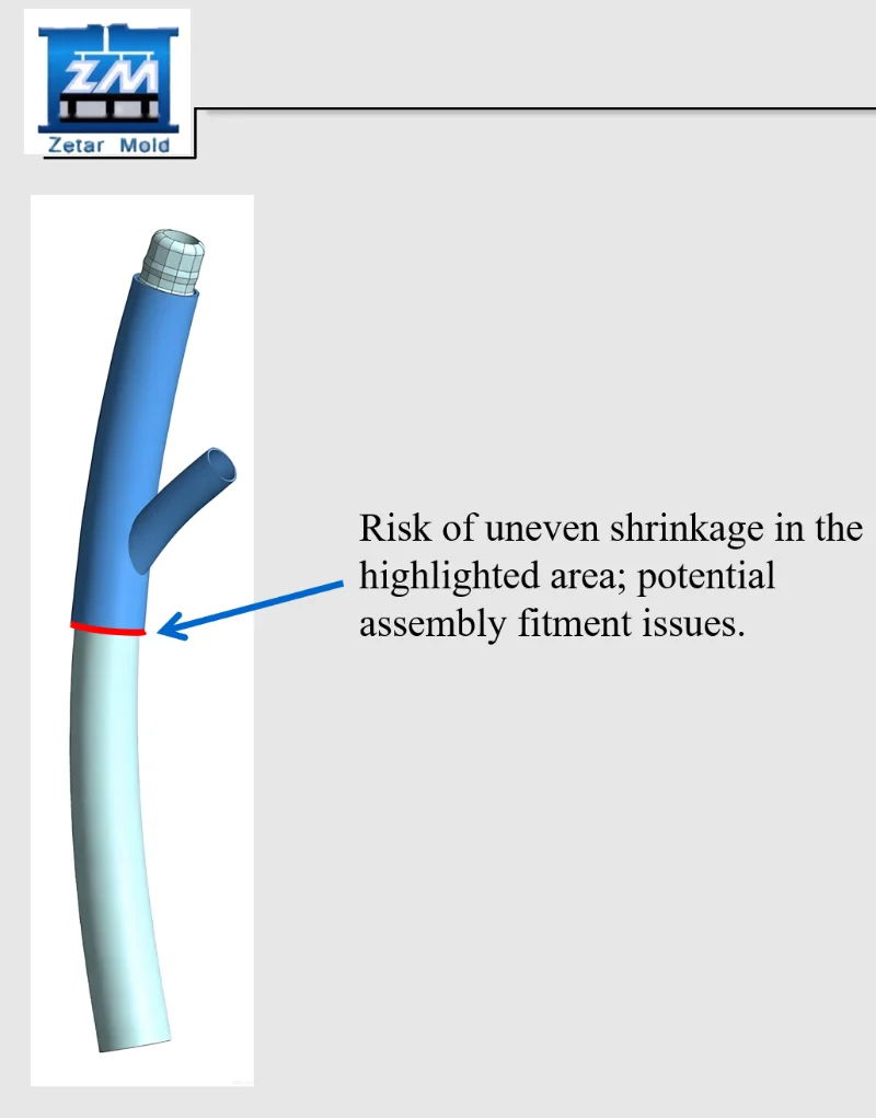 3D model highlighting uneven shrinkage risk in an assembly part with potential fitment issues, pointed out by an arrow.