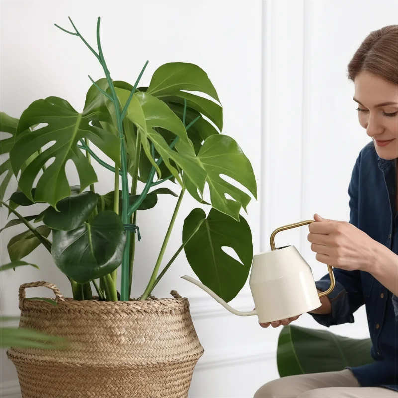 Woman carefully watering a large green Monstera plant with a cream-colored watering can in a wicker basket.