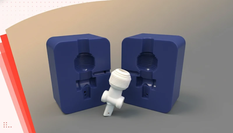 Blue plastic injection mold with finished part