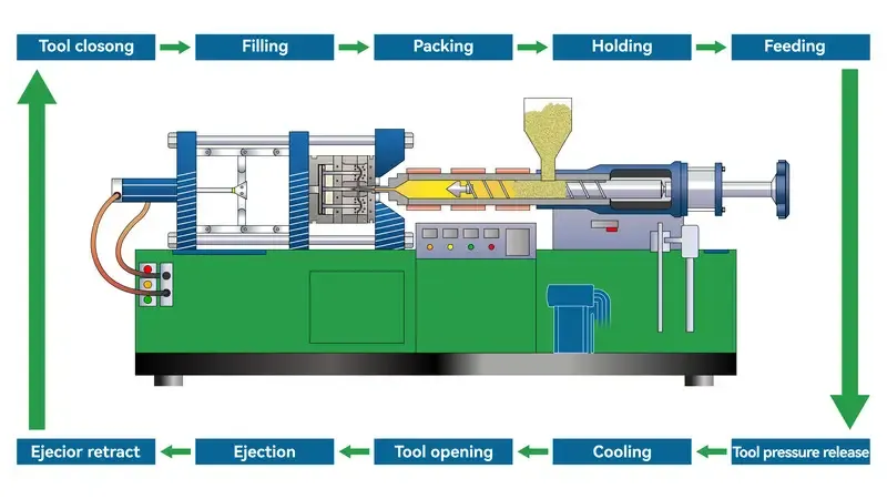 Injection moulding process diagram showing runner system and ejection system components