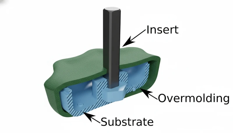 Technical diagram showing overmolding process for consumer and industrial applications