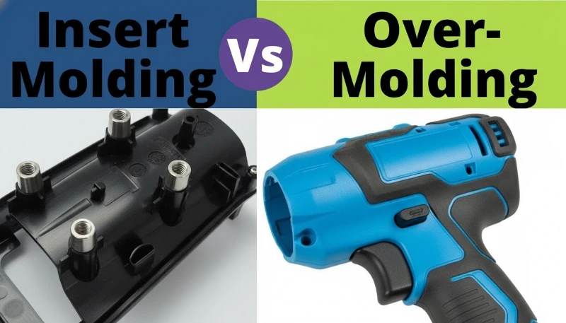 Comparison of insert molding and overmolding techniques showing different bonding mechanisms