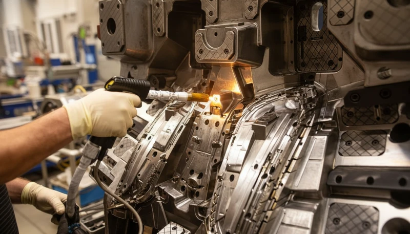 Technician performing maintenance on injection molding machinery