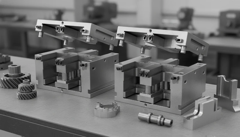 Open injection molds displayed on factory table during inspection