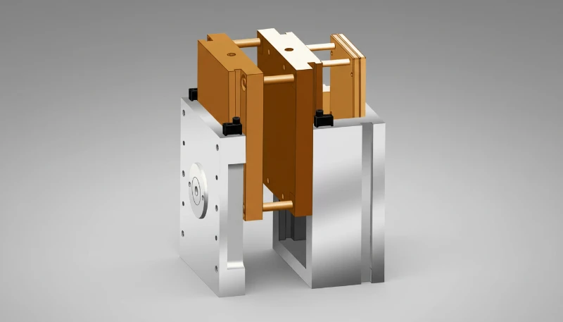 3D rendering of a complex plastic injection mold with metal and orange components on a gray background.