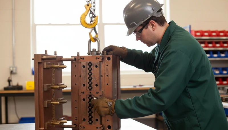 Technician adjusting injection mold for quality control