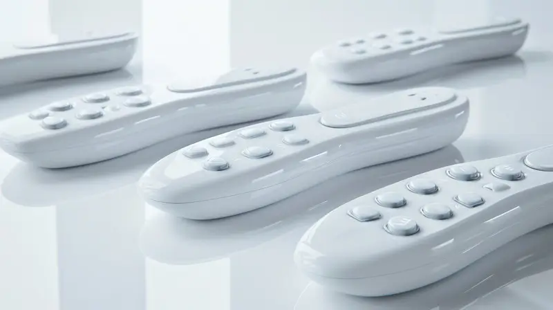 White remote controls on glossy surface