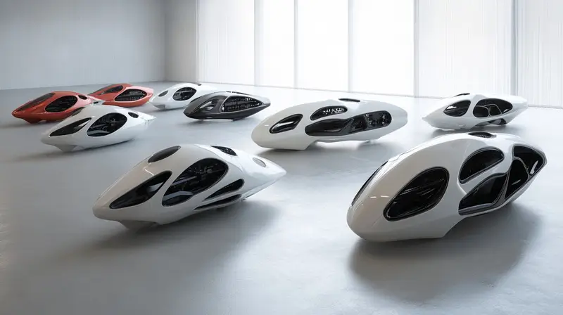 Stylish drone models arranged in multiple rows.