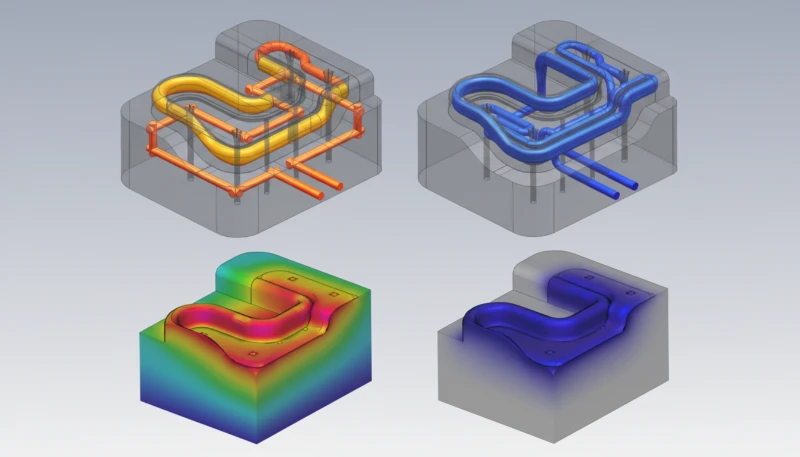 Plastic injection mold simulation showing fill analysis for family mold balance