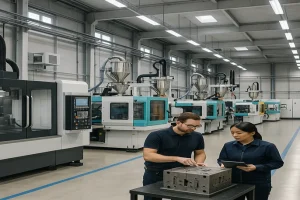 Injection molding factory floor with multiple machines and organized production area
