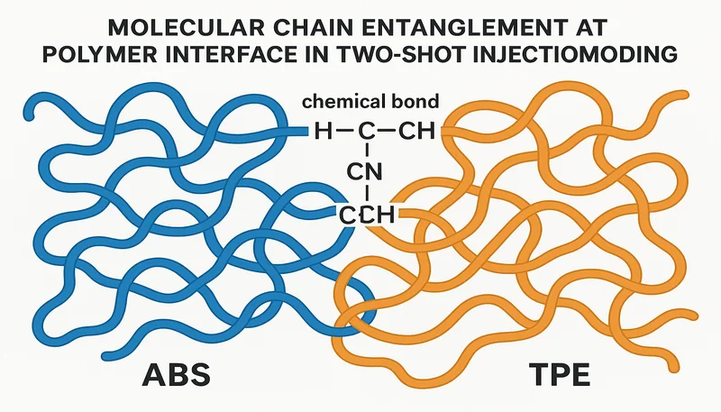 Molecular bonding diagram showing polymer chain entanglement at overmold interface