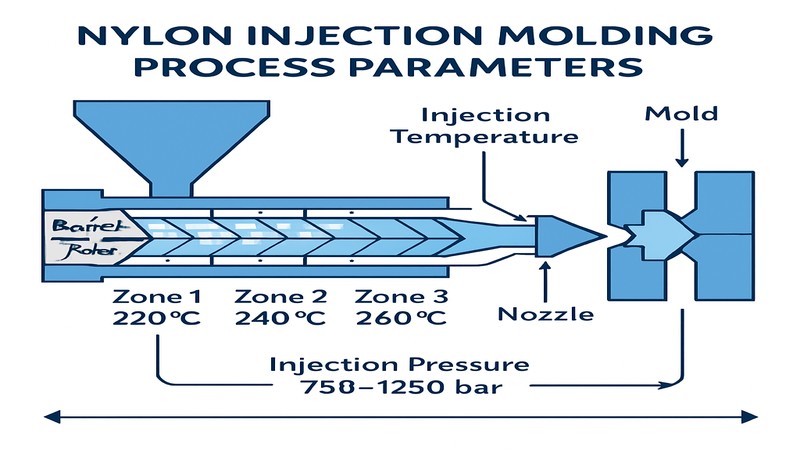 Nylon injection molding process parameters and temperature zones