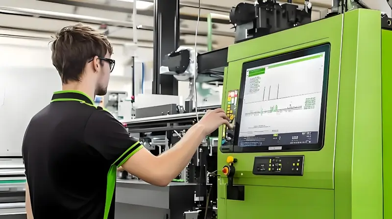 Injection molding machine control panel showing temperature, pressure, and cycle parameters